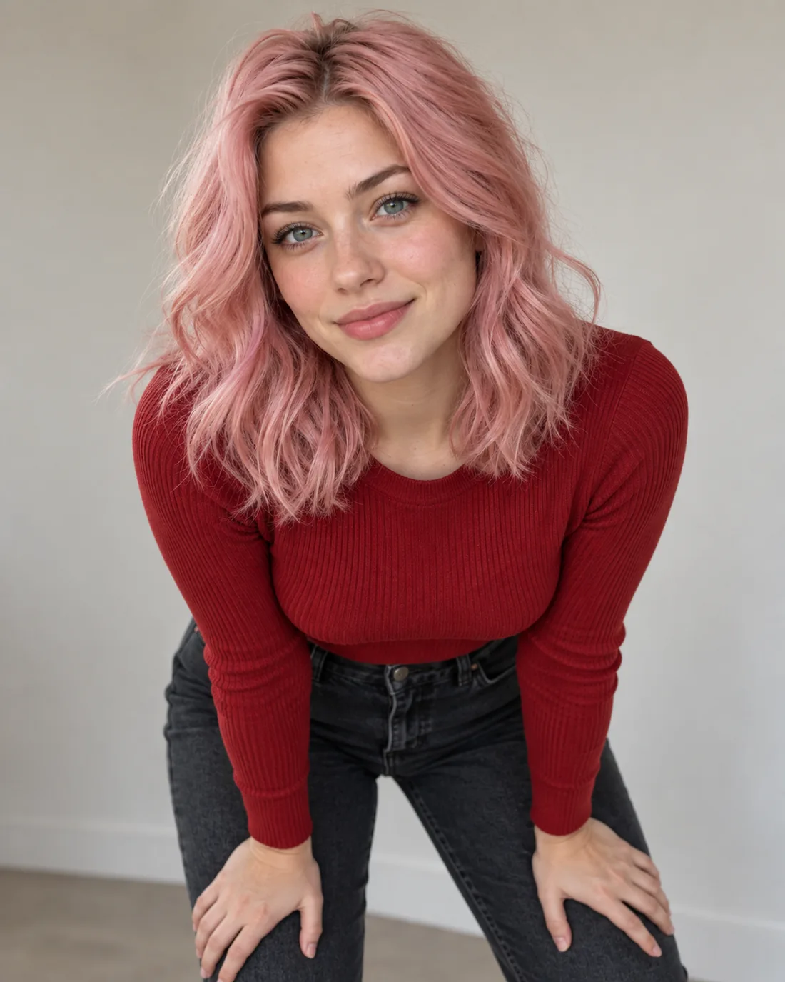 Pembe saçlı kurgusal AI karakteri kırmızı bluzla